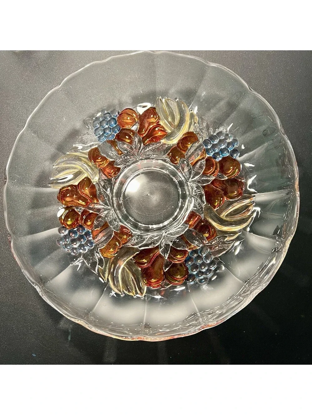 Indiana Glass 1960s Garland Amber Red Blue Fruit Footed Centerpiece Bowl, 13”